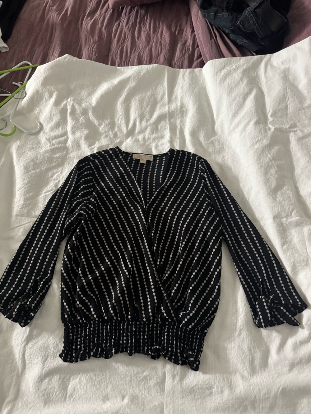 Michael Kors Black Blouse with White Diagonal Dot Stripes
